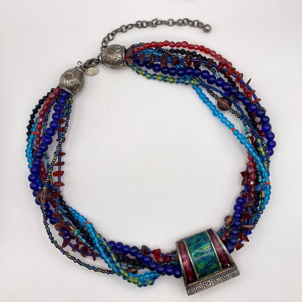 Chico's Boho Multi Strand Blue Enamel Glass Pendant Necklace Silver Tone Ethnic
